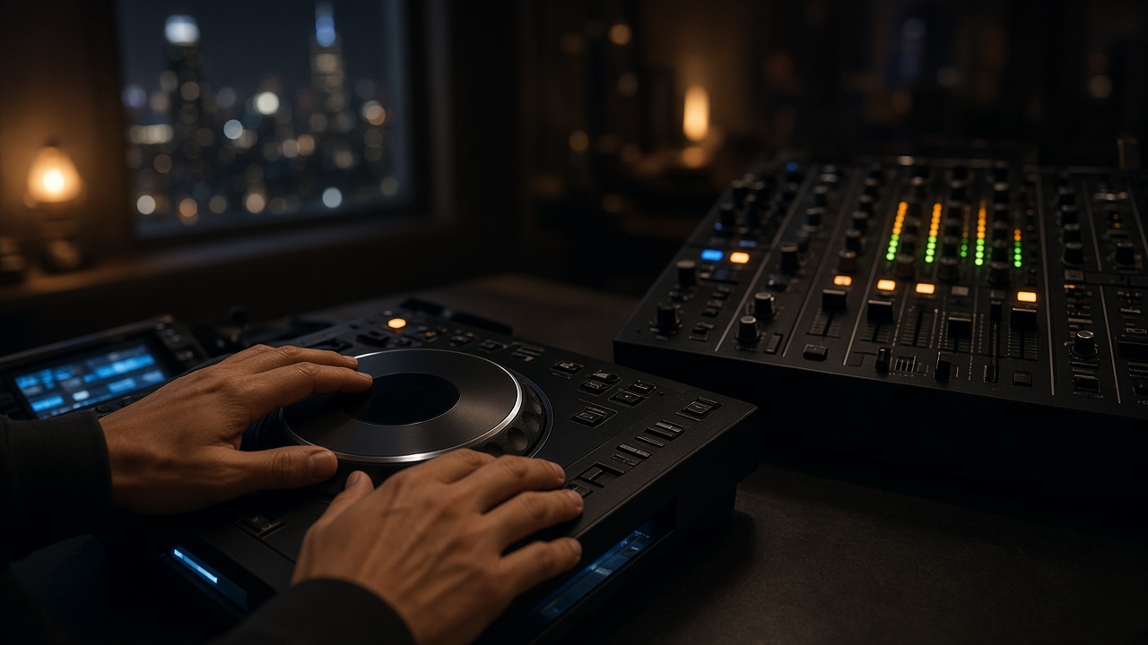 DJ hands on a CDJ jog wheel next to a mixer in a dark studio