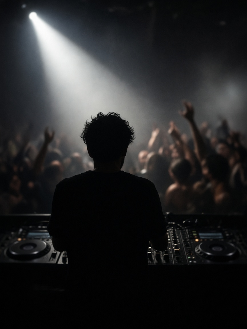 A DJ seen from behind playing to a crowd under a light beam