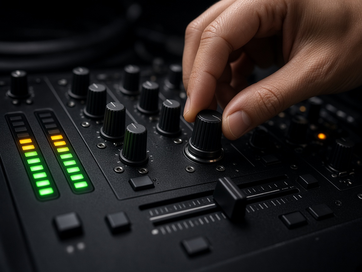 Close-up of a hand turning an EQ knob on a DJ mixer