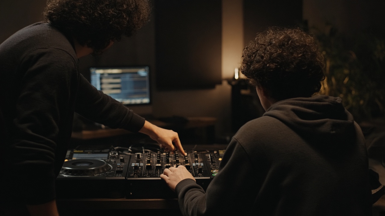 An instructor pointing at a DJ mixer while a student mixes
