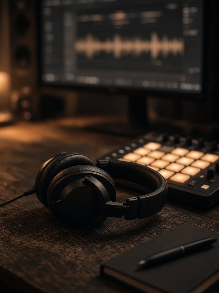 Studio headphones on a desk beside a drum pad controller