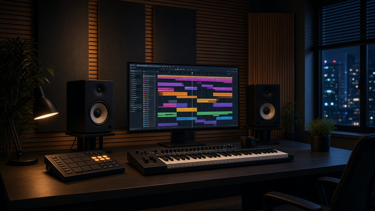 A music production desk with monitors, keyboard and drum pads at night