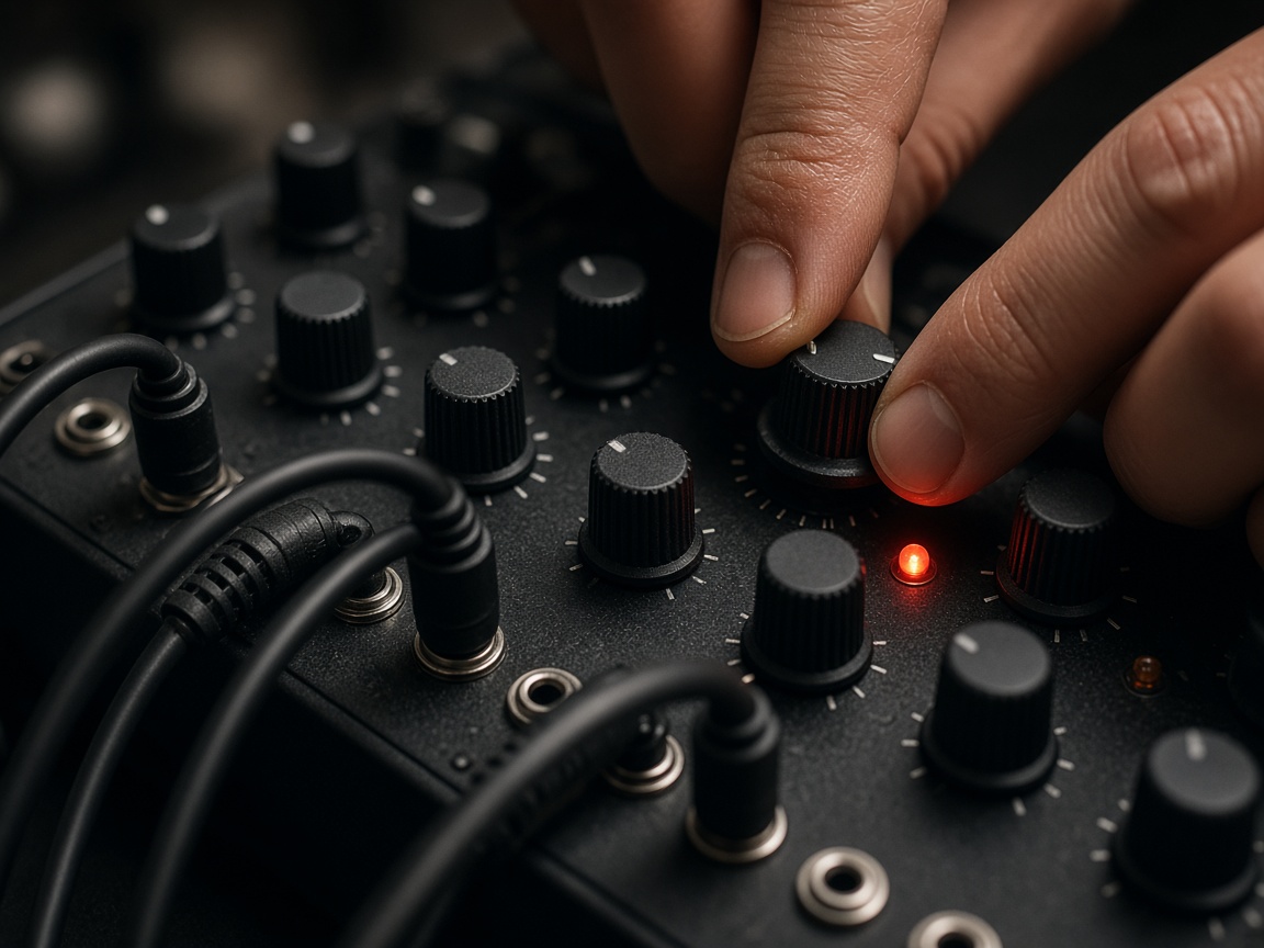 Fingers adjusting knobs on a patched synthesizer