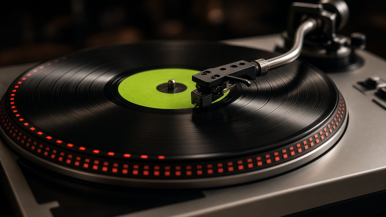 A turntable stylus resting on a spinning record with a lime label